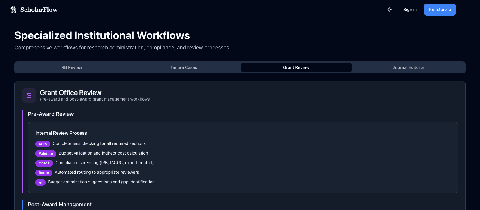 AcaTrove grant workspace showing a proposal draft and review workflow